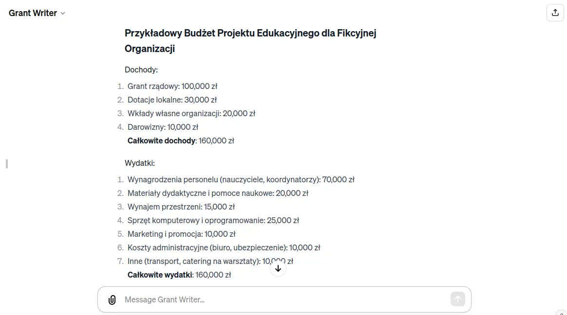 Grant Writer - przykładowy budżet